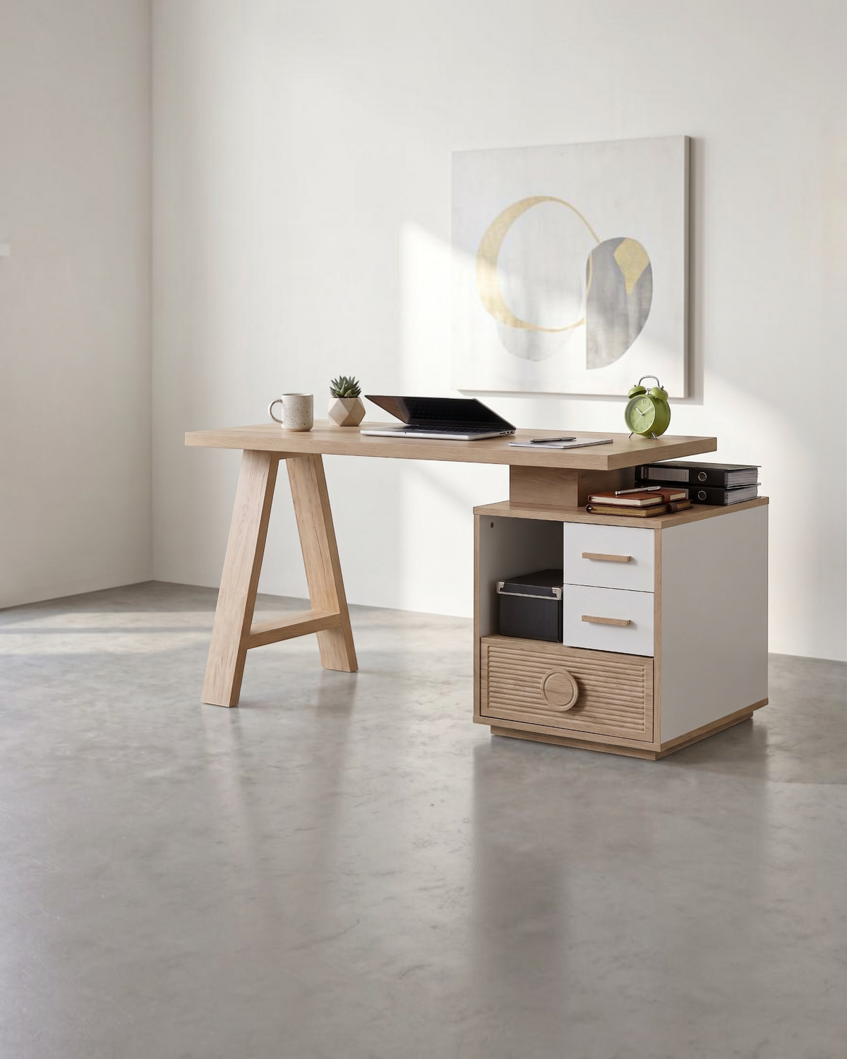Ergnof Studio Fixed Desk 2 with a natural oak wood top and integrated white storage drawers in a modern home office.