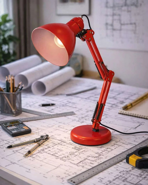Ergnof architectural desk lamp in matte red finish with adjustable arm and weighted base on a drafting table.