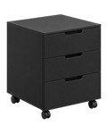 Ergnof mobile storage cabinet in solid black MDF with three soft-close drawers and concealed 360-degree casters.