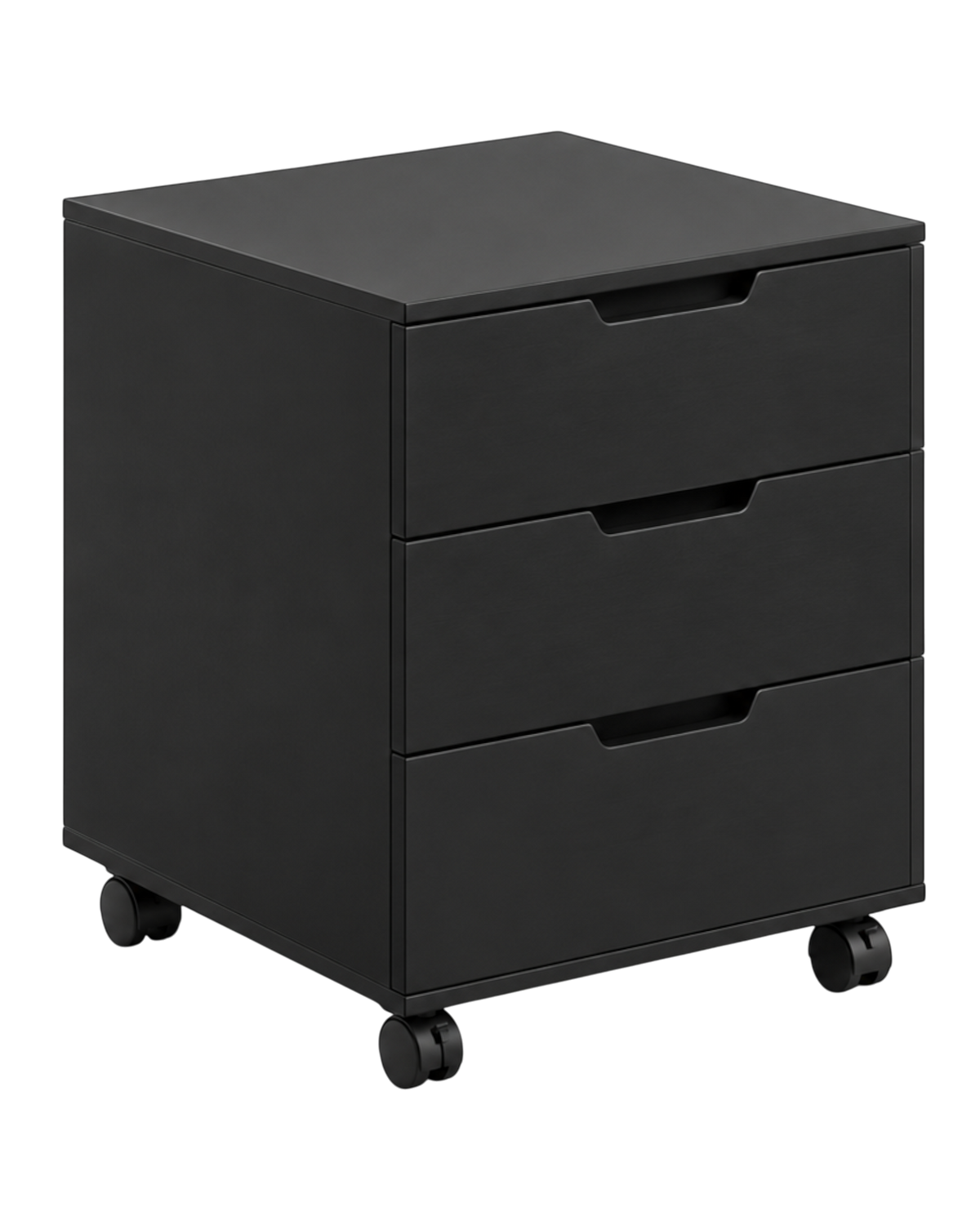 Ergnof mobile storage cabinet in solid black MDF with three soft-close drawers and concealed 360-degree casters.