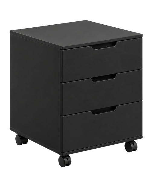 Ergnof mobile storage cabinet in solid black MDF with three soft-close drawers and concealed 360-degree casters.