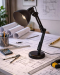 Ergnof architectural desk lamp in matte black on a drafting table with blueprints, compass, and calculator.