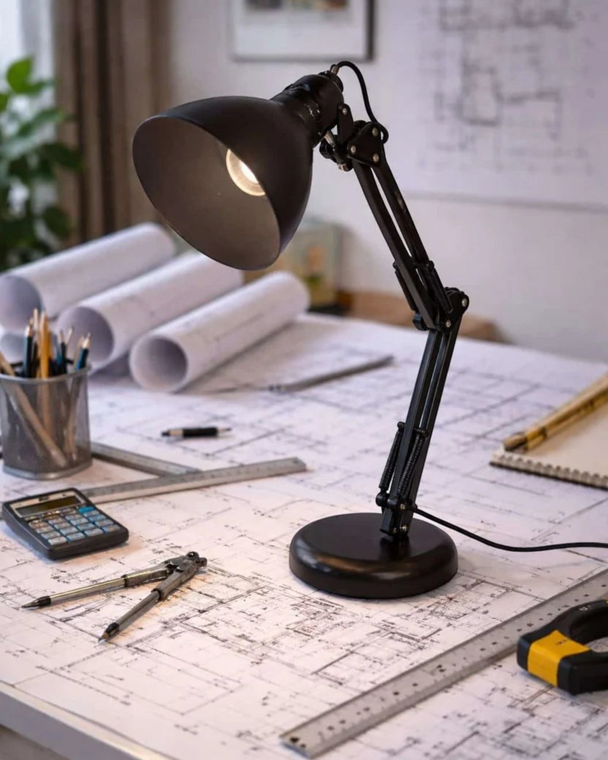 Ergnof architectural desk lamp in matte black on a drafting table with blueprints, compass, and calculator.