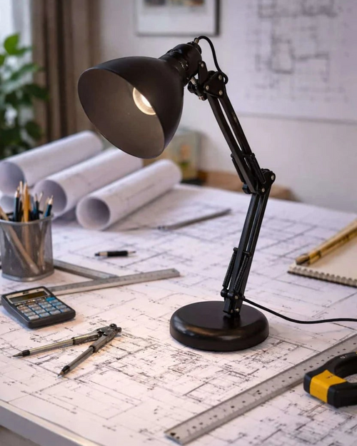 Ergnof architectural desk lamp in matte black on a drafting table with blueprints, compass, and calculator.