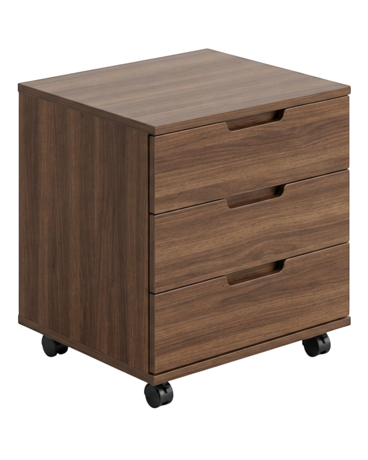 Ergnof mobile storage cabinet in dark walnut finish with three soft-close drawers and concealed 360-degree casters.