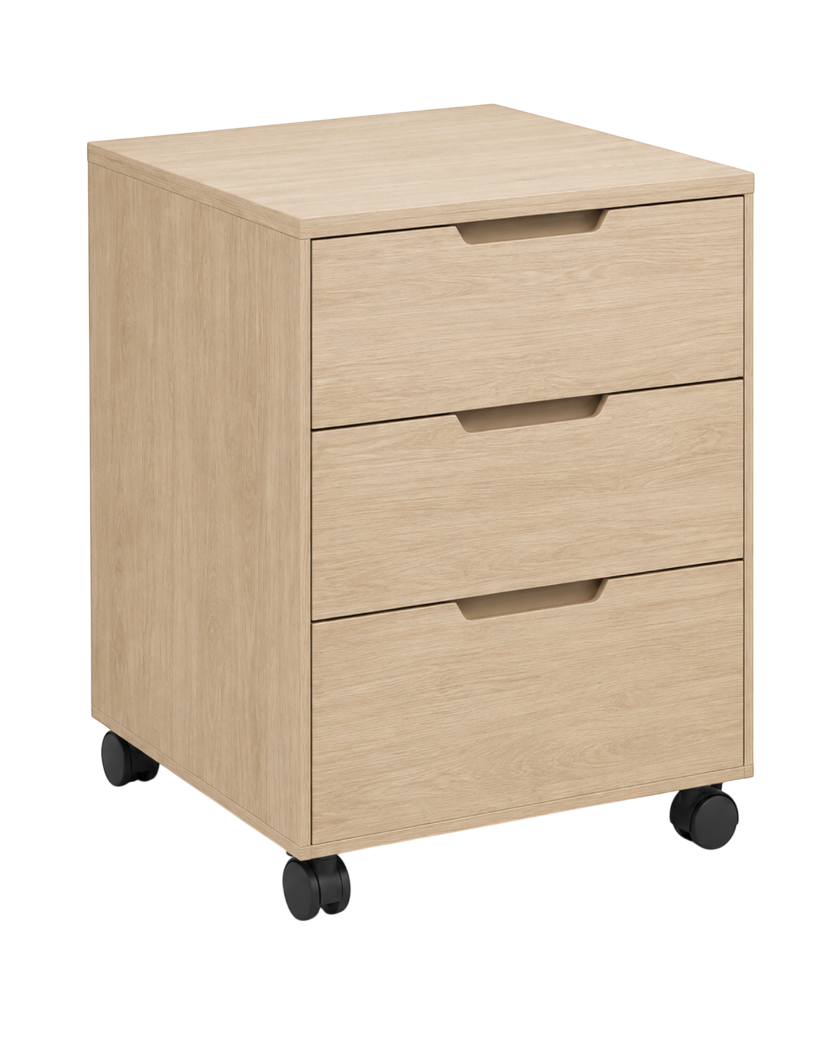 Ergnof mobile storage cabinet in natural oak finish with three soft-close drawers and concealed 360-degree casters.
