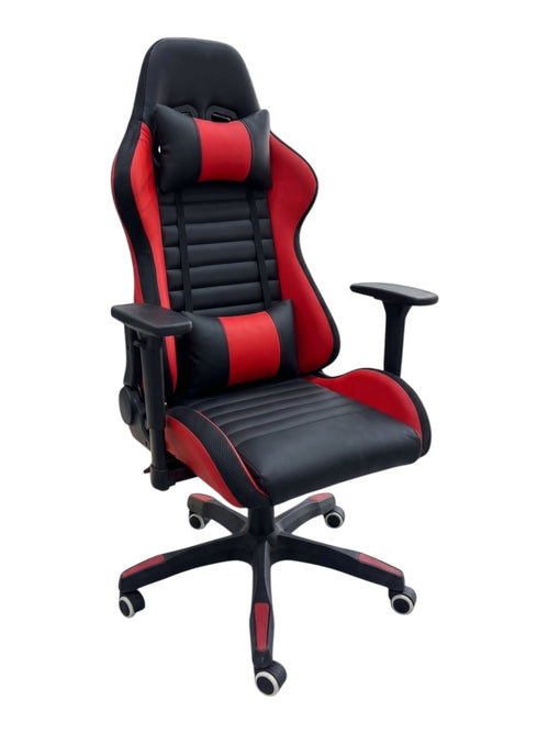 Ergnof racing-style gaming chair in black and red synthetic leather with adjustable neck and lumbar support cushions.