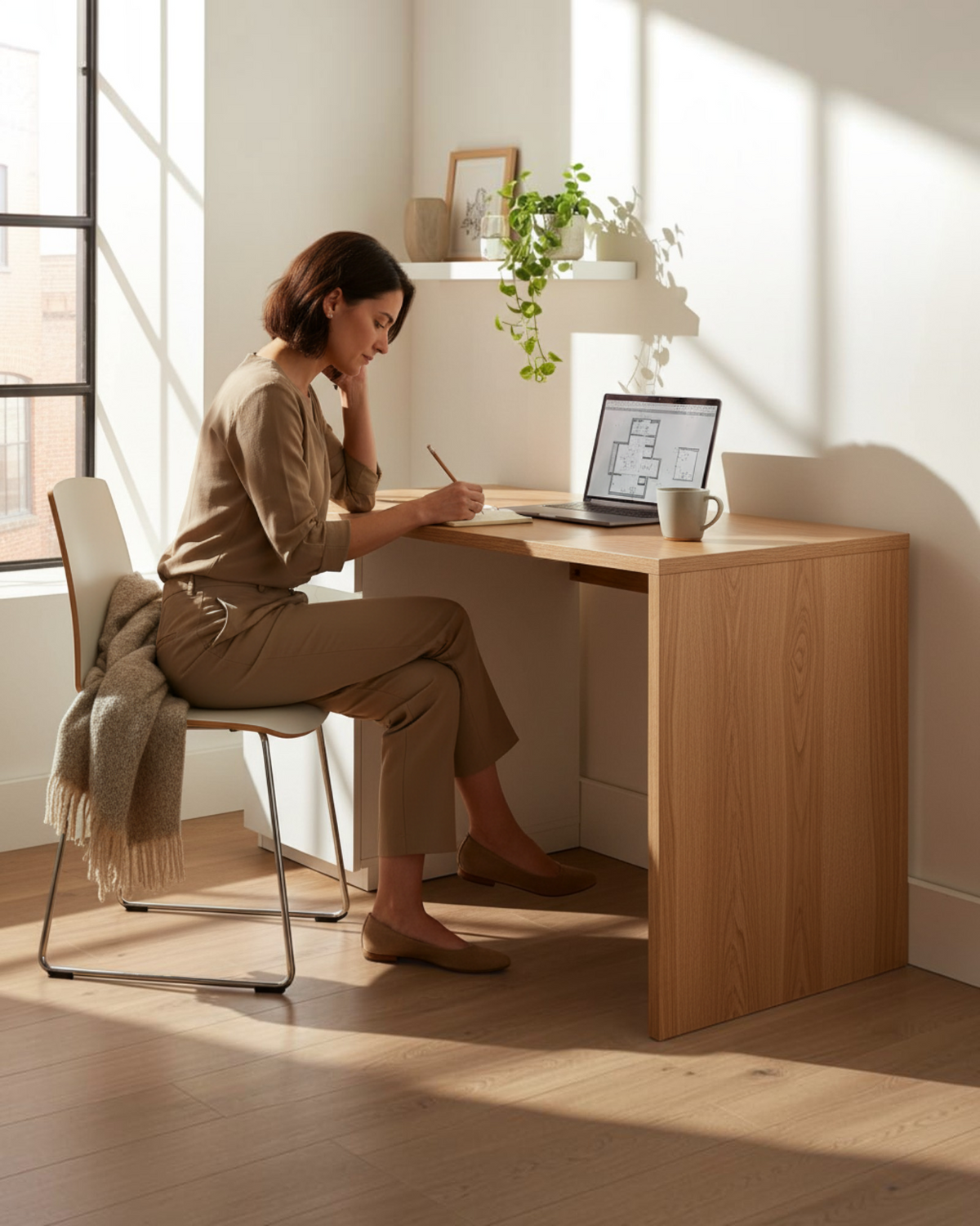 Ergnof Studio Fixed Desk with natural oak wood finish in a bright home office setting with a woman working.