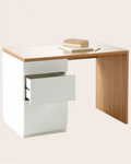 Ergnof Studio Fixed Desk with a light wood top and white storage drawer unit, featuring a modern minimalist design.