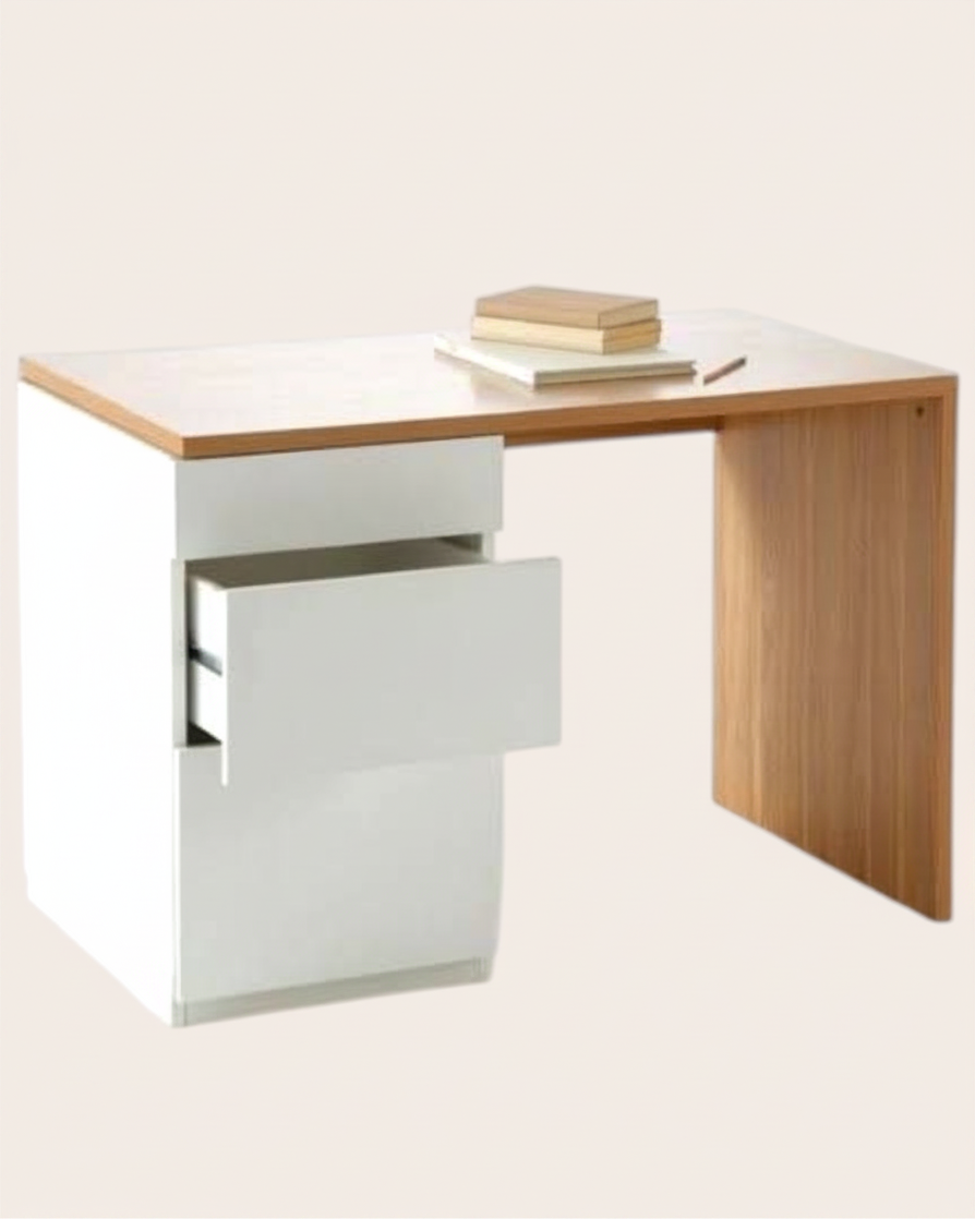 Ergnof Studio Fixed Desk with a light wood top and white storage drawer unit, featuring a modern minimalist design.