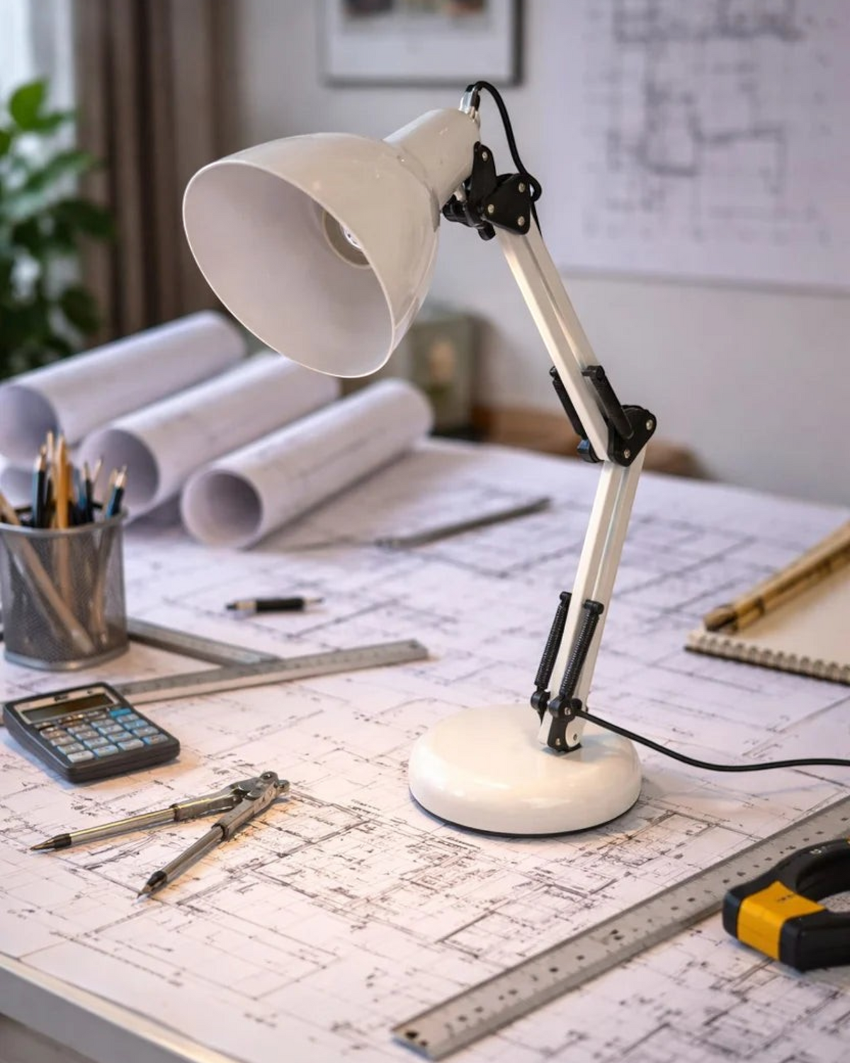 Ergnof architectural desk lamp in solid white powder-coated steel on a drafting table with blueprints and tools.