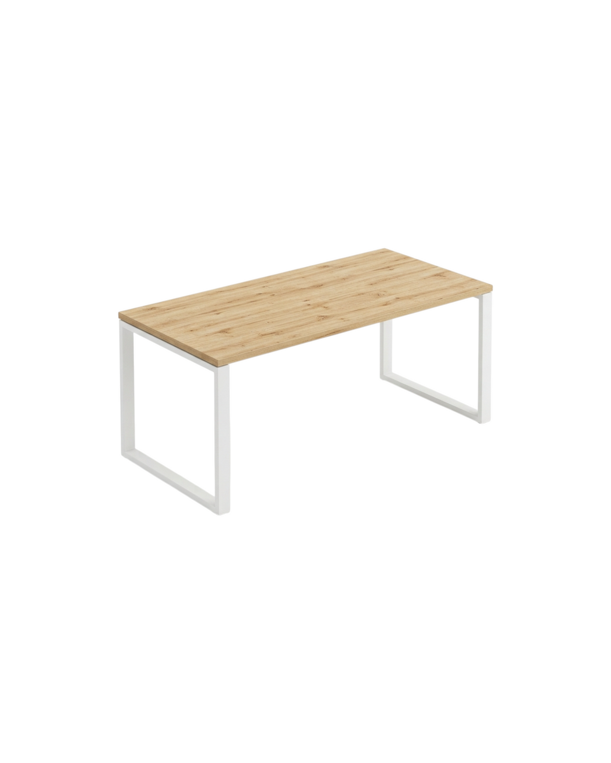 Ergnof Studio Fixed Desk with a natural oak wood-grain MDF top and a sturdy matte white steel loop frame.