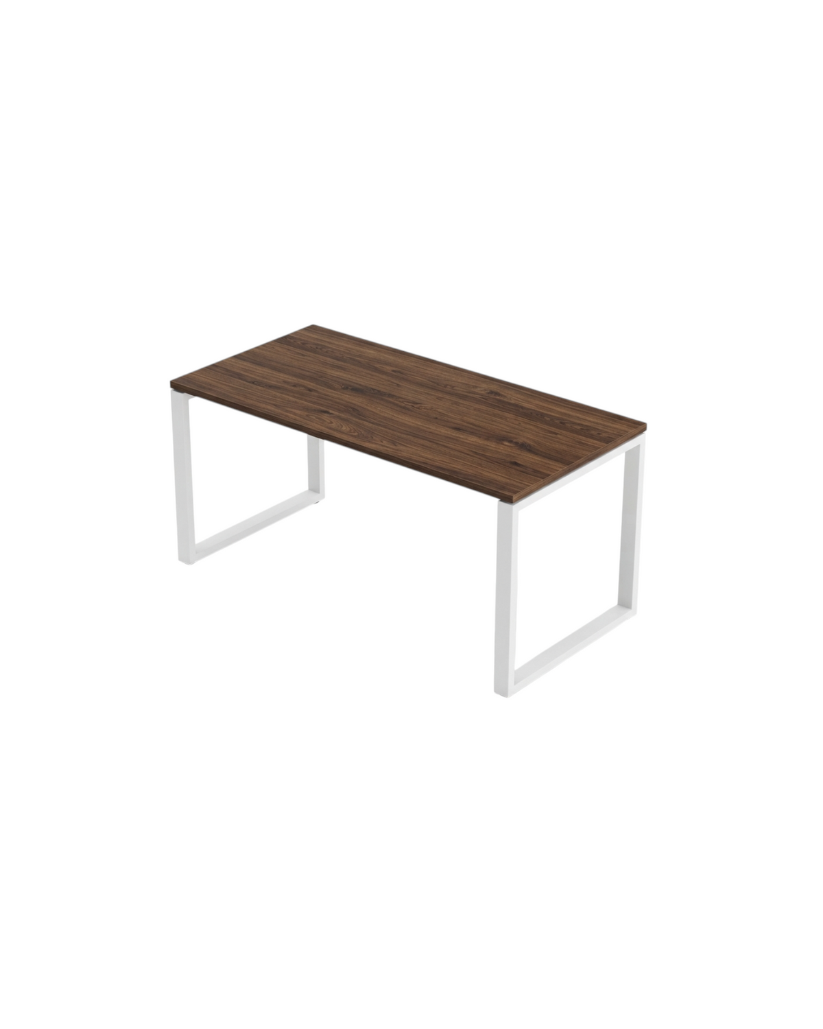 Ergnof Studio Fixed Desk with a dark walnut wood-grain MDF top and a white powder-coated steel loop frame.